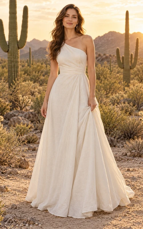 Vestido de novia sencillo de corte A, asimétrico, sin mangas, de lino con un solo hombro y drapeado, largo hasta el suelo.