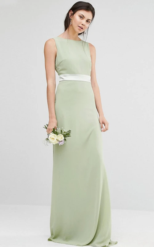 Vestido de dama de honor de gasa sin mangas, largo hasta el suelo, con escote joya, lazo y espalda en V.