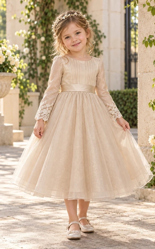Robe de demoiselle d'honneur couleur champagne, longueur thé, manches longues, coupe trapèze, corsage plissé, poignets en dentelle, ceinture et col rond