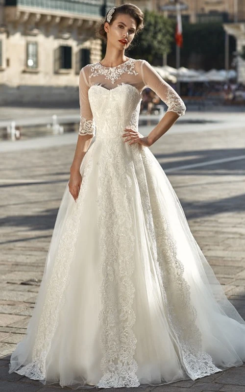 Ball Gown Long-Sleeve Appliqued Long High-Neck Lace Wedding Dress