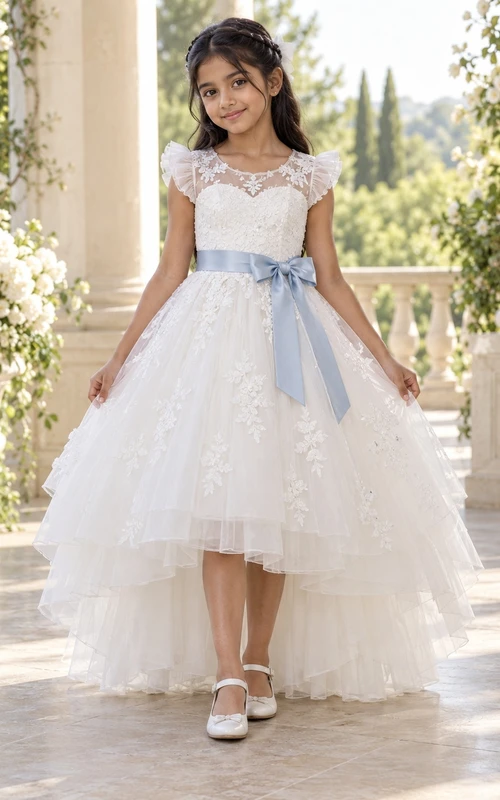 Vestido de niña de flores blanco con estampado floral, corte en A, mangas cortas, fajín azul y falda asimétrica.