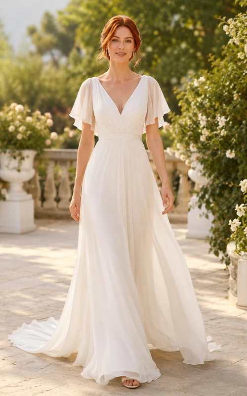 Vestido de novia de tul y gasa para la playa, corte en A, escote en V, mangas con volantes, largo hasta el suelo.