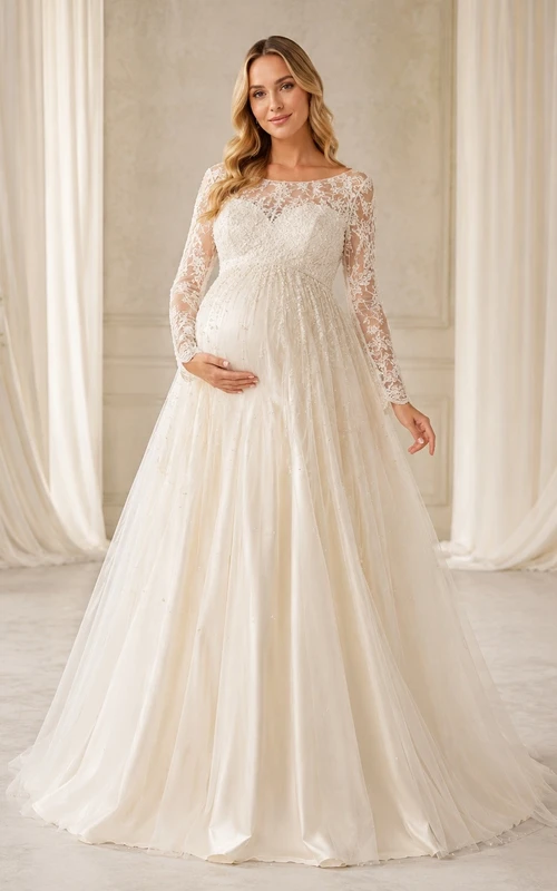 Vestido de novia romántico de manga larga con encaje y tul, estilo princesa, ideal para embarazadas y novias.