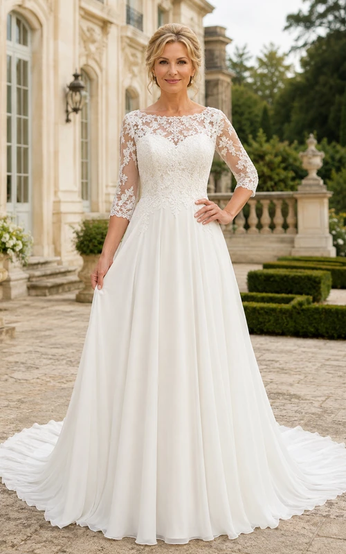 Modest Chiffon Wedding Dress A-Line Jewel Neck Long Sleeve Sweep Train Bridal Gown