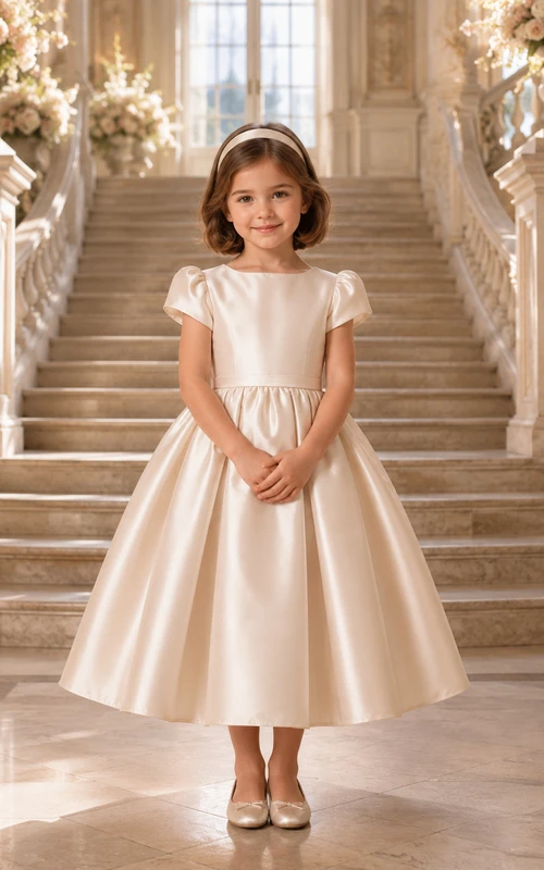 Robe de demoiselle d'honneur en satin champagne, coupe trapèze, manches bouffantes, longueur thé, nœud.