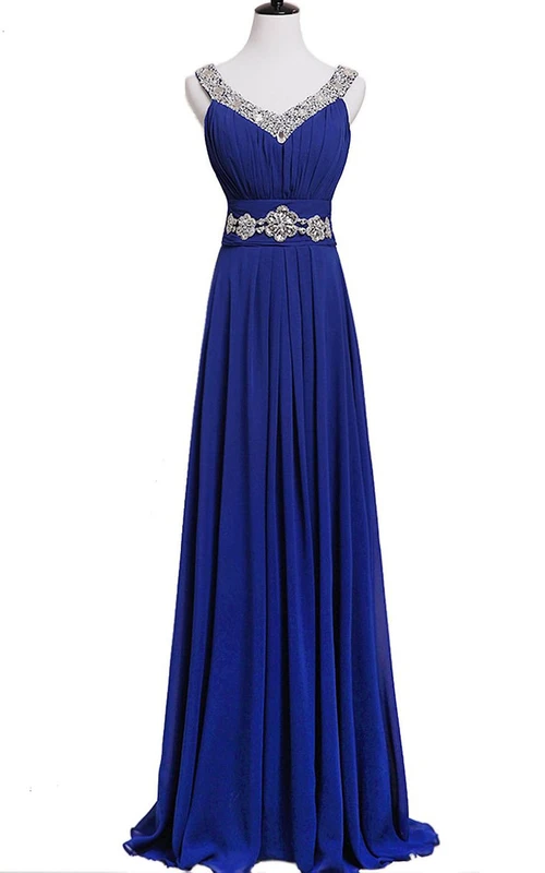 Ärmelloses, paillettenbesetztes, langes, plissiertes Chiffonkleid
