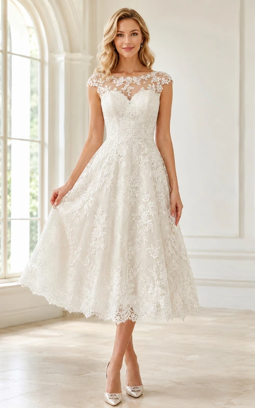 Vestido de novia vintage de encaje con mangas cortas y escote barco, largo hasta la rodilla, ideal para recepciones en jardines.
