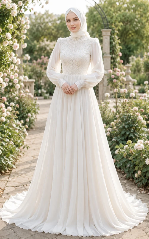 Vestido de novia musulmán modesto de gasa con corpiño de encaje y corte en A para ceremonia en el jardín.