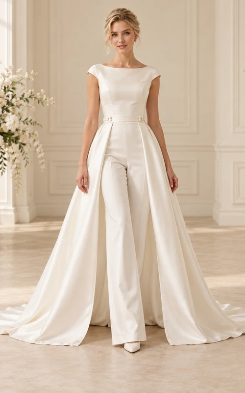 Boat Neck Cap Sleeve Bow Waist Overskirt Bridal Jumpsuit