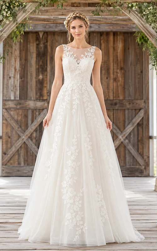 Robe de mariée champêtre romantique sans manches à col en V, ornée de perles et de dentelle, en tulle, coupe trapèze et traîne.