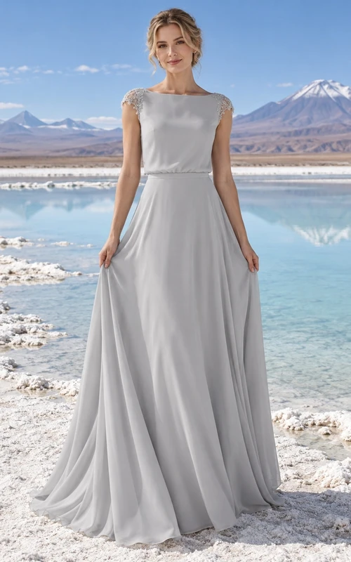 Sencillo vestido de novia plateado de corte A con escote barco y mangas cortas de encaje.