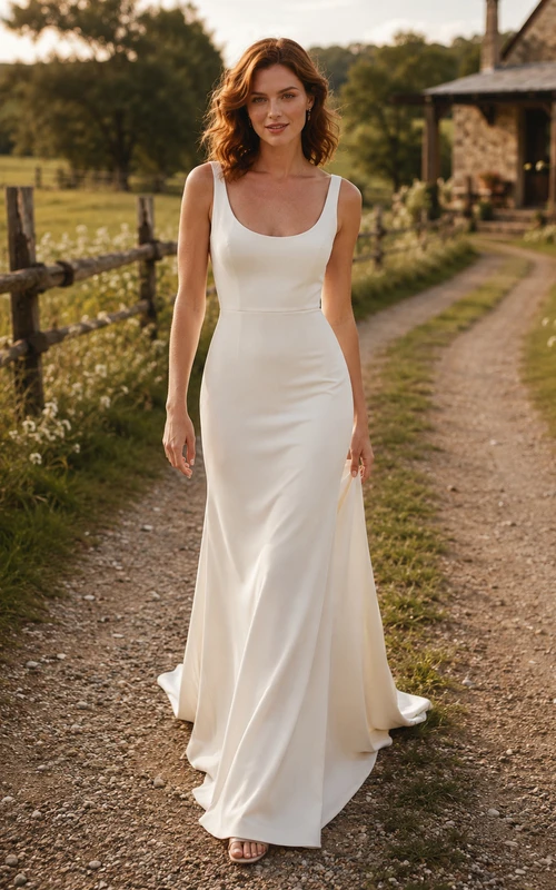 Simple Scoop Neck Sheath Country Elopement Bridal Gown