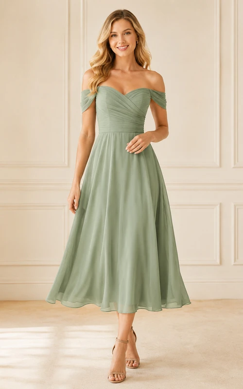 Garden Waltz Celadon A-Line Tea-Length Off-Shoulder Short-Sleeve Chiffon Romantic Bridesmaid Dress