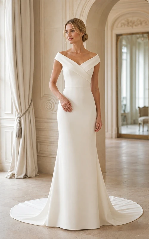 Vestido de novia minimalista sencillo estilo sirena con escote Bardot y cola larga.