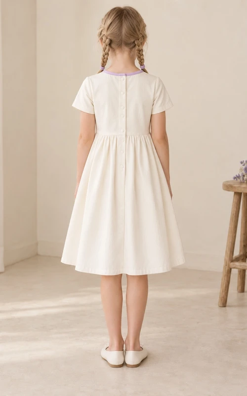 Simple Modest Cream Tea-length Thin Lavender Trim Compact Short Sleeve Flower Girl Dress