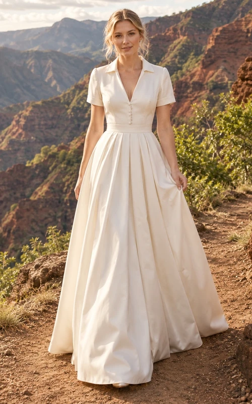 Vestido de novia sencillo de satén tejido con cuello en V, manga corta y botones, corte en A.