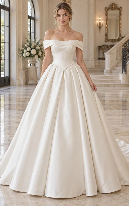 Vestido de novia sencillo de satén plisado de manga corta con amplios pliegues, hombros descubiertos y corte princesa.