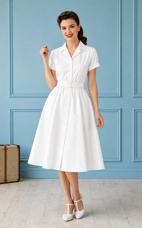 White Notched Short Sleeve Vintage Shirt Dress Classic