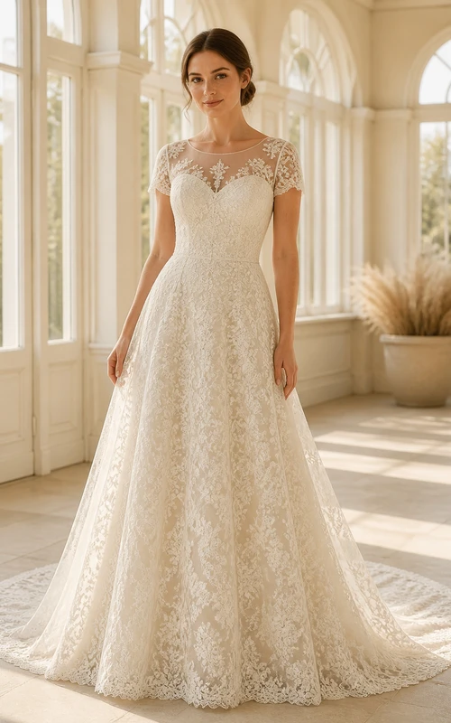 Vestido de novia de corte A con escote joya, manga corta y escote ilusión discreto.