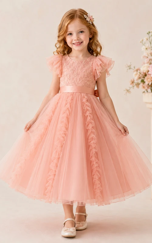Robe de demoiselle d'honneur en tulle et dentelle rose pêche, coupe trapèze, manches pétales, nœud et appliques florales