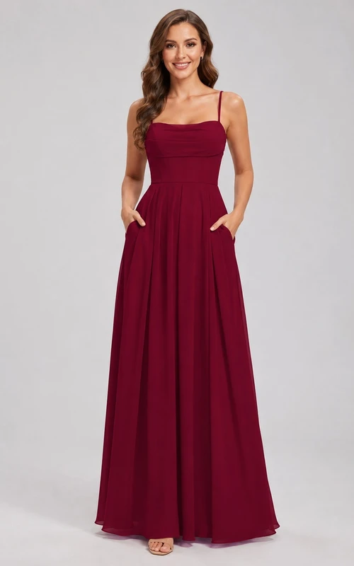 Elegantes, burgunderrotes Chiffon-Brautjungfernkleid in A-Linie mit eckigem Ausschnitt und Taschen