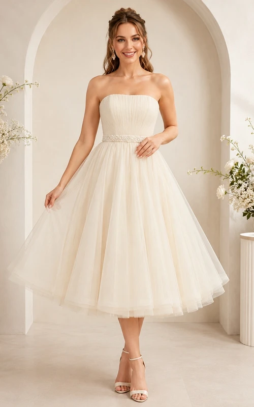 Cream Strapless Tulle A-Line Tea-Length Pleated Romantic Engagement Party Dress