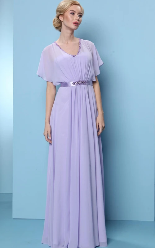 Robe de demoiselle d'honneur en mousseline perlée à manches bouffantes et col en V