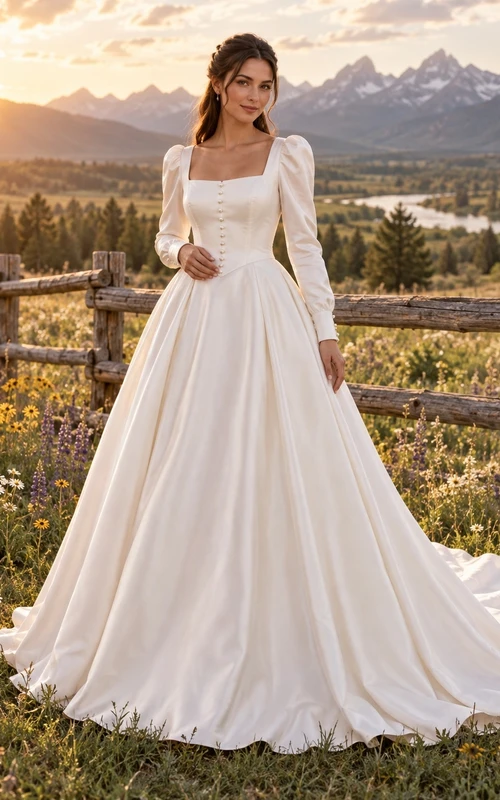 Sencillo vestido de novia de satén estilo western campestre con escote cuadrado, manga larga y corte en A, con botones forrados.