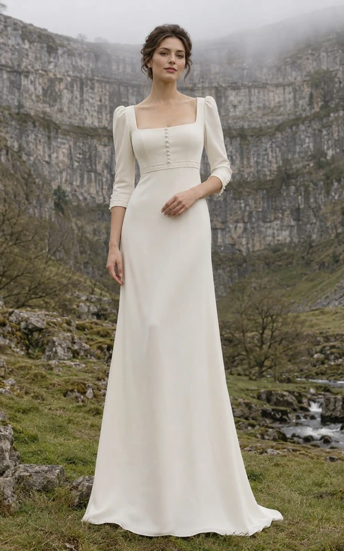 Vestido de novia vintage modesto de manga tres cuartos, corte recto, escote cuadrado, largo hasta el suelo.
