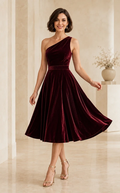 Burgunderfarbenes, ärmelloses A-Linien-Kleid aus Samt mit One-Shoulder-Ausschnitt und Teelänge