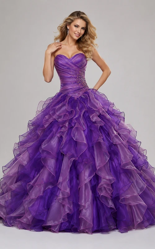 Robe de bal Dreaming Sweetheart à fronces, ornée de volants en cascade et de strass