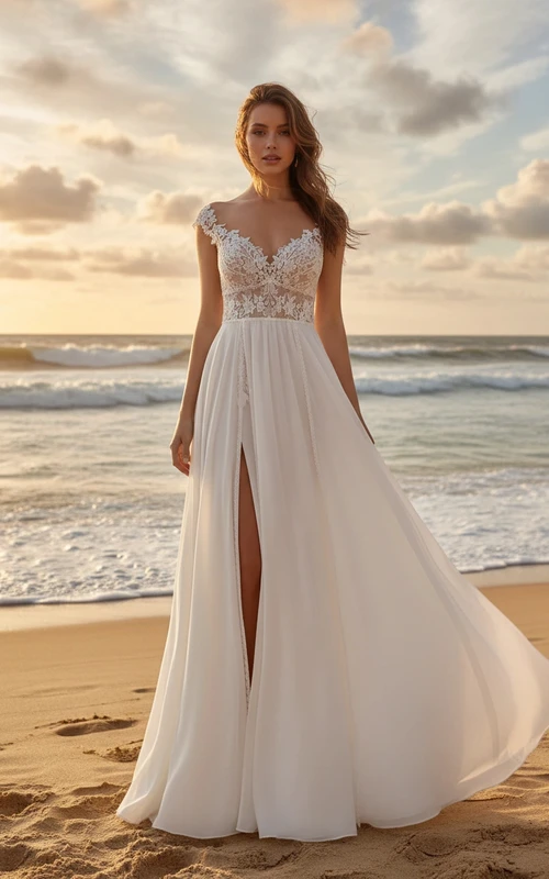 Robe de mariée Empire Beach fendue, ornée de dentelle et de mousseline
