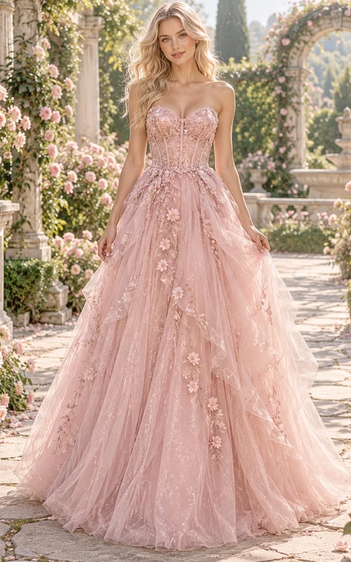 Fairy Blush Strapless Sweetheart Floral Applique Tulle A-line Evening Gown