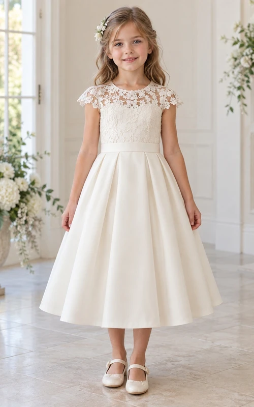 Vestido de niña de flores modesto, de corte A, de satén, con mangas cortas y estampado floral color marfil, hasta la rodilla.