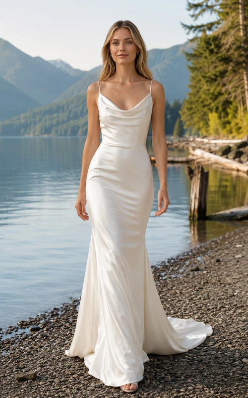 Robe de mariée sirène en charmeuse à col bénitier et fines bretelles spaghetti, style bord de lac