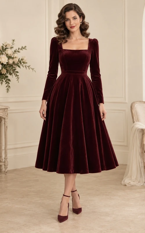 Vestido de dama de honor vintage de terciopelo burdeos con cuello cuadrado y mangas largas hasta la rodilla