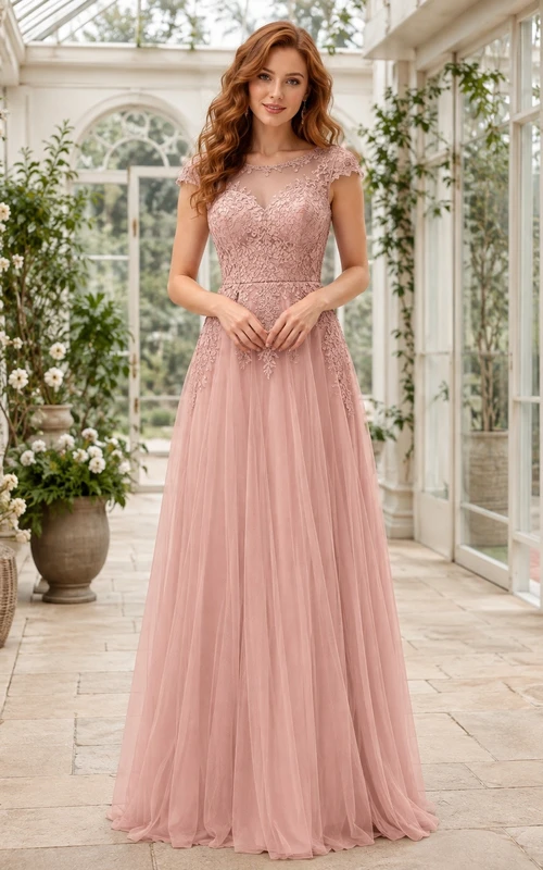 Pearl Pink Short Sleeve Lace A Line Romantic Evening Dress