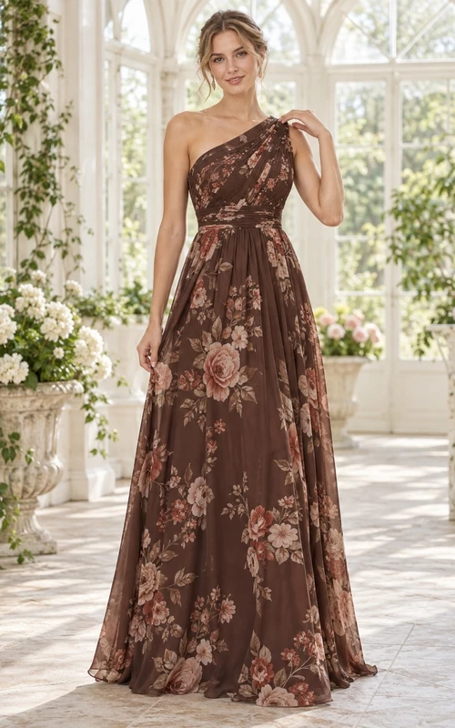 Schokoladenbraunes, blumengemustertes, schulterfreies, drapiertes Chiffon-Brautjungfernkleid in Bodenlänge