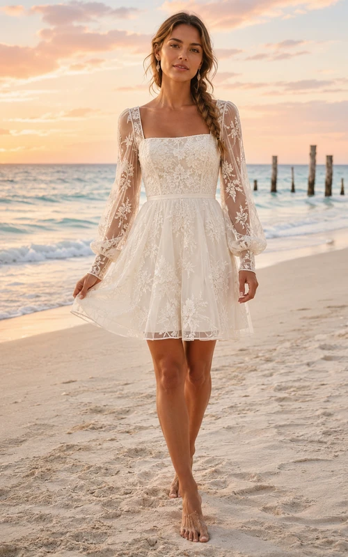 Vestido de novia de playa hasta la rodilla con escote cuadrado y mangas largas de encaje para bodas en el jardín.