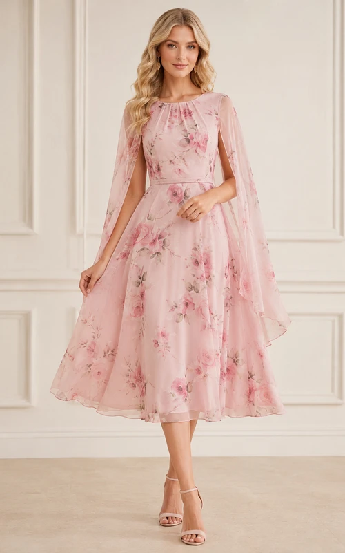 Robe de soirée rose à fleurs, manches cape, coupe trapèze, longueur thé, idéale pour les invitées.