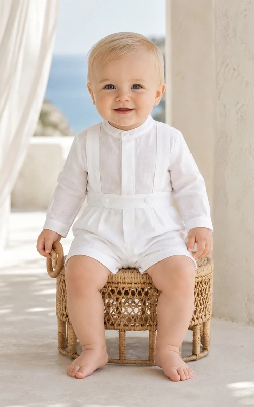 Moderner weißer, langärmeliger, kragenloser Leinen-Baby-Tauf-Strampler (Shorts)