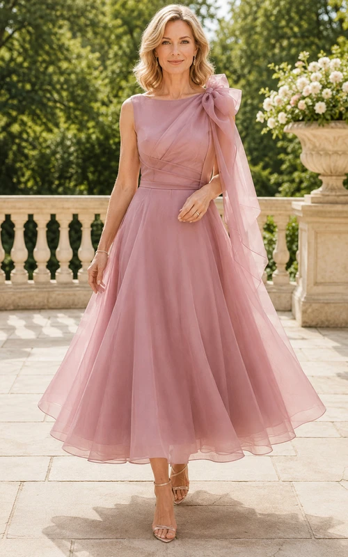 Altrosafarbenes, schulterfreies, teelanges Tüllkleid für Mütter