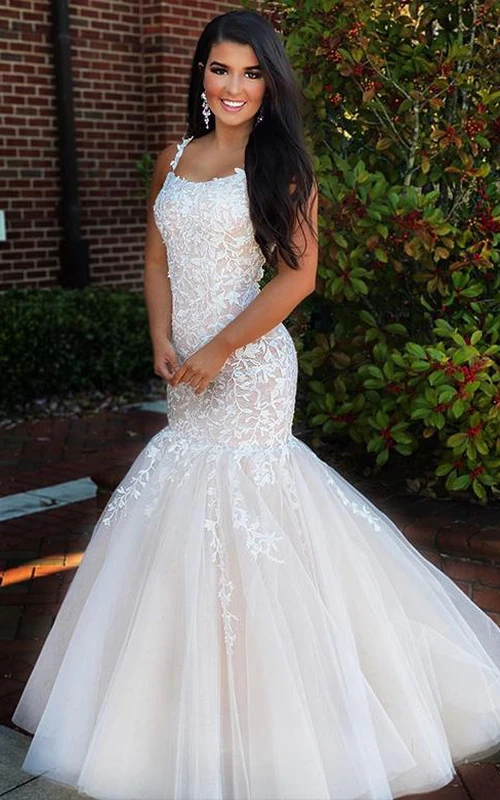 Sexy Meerjungfrauen-Abendkleid aus Spitze und Tüll, ärmellos, Spaghettiträger, Applikationen