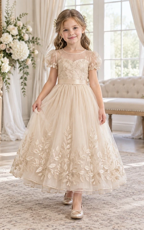 Champagne Floral A-line Tulle Puff-sleeve Ankle-length Illusion-Neck Bordered Flower Girl Dress