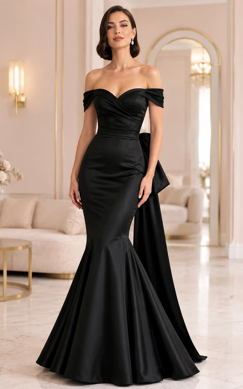 Vestido de sirena negro con escote corazón, mangas cortas, lazo, drapeado, satén, cremallera y cola larga.