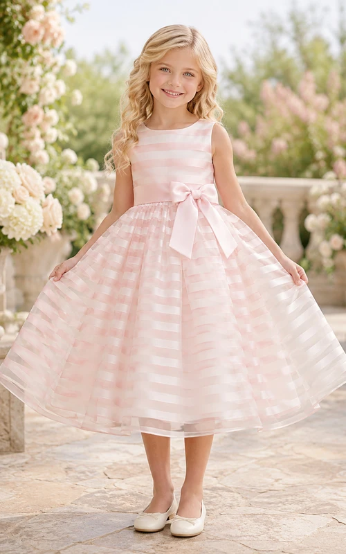 Pearl Pink Striped Organza A-Line Flower Girl Dress, Sleeveless Square Neck, Bow Sash, Tea-Length Garden