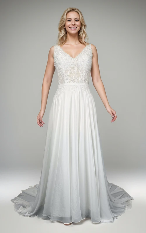 Boho-Chiffon-Spitzen-Brautkleid in A-Linie, ärmellos, tiefer V-Ausschnitt am Rücken mit Perlenstickerei