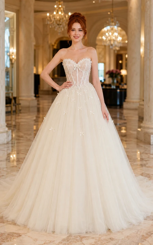 Lace Tulle Wedding Dress Ball Gown Strapless Sweetheart Chapel Train Applique Bridal Gown