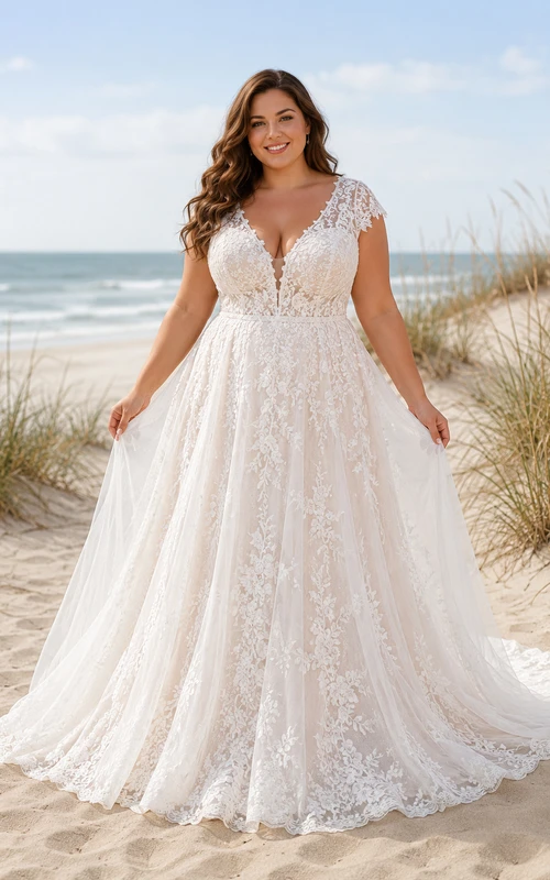 Plus Size V-Neck Lace Tulle A-Line Beach Wedding Dress with Straps