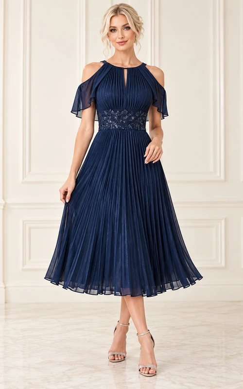 Tea-length Dark Navy Keyhole Cutaway Shoulder Beaded Waist Formal Dress